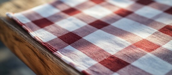 Poster - Red and white checked pattern tablecloth on wooden surface in soft natural light creating a warm and inviting atmosphere