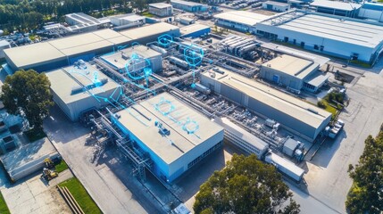 Poster - Aerial view of sensor nodes in a manufacturing facility with visual connections indicating the speed and coverage of 5G networks in action.