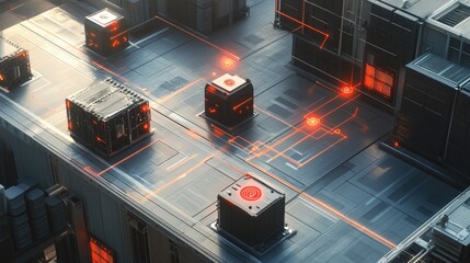 Poster - Aerial view of sensor nodes in a manufacturing facility with visual connections indicating the speed and coverage of 5G networks in action.