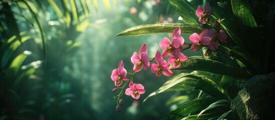 Poster - Branch of vibrant pink orchids amidst lush green foliage in a serene garden setting with soft natural lighting
