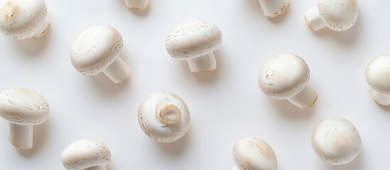 Poster - Fresh white mushrooms arranged aesthetically on a clean white background showcasing their natural texture and form in a top view perspective.