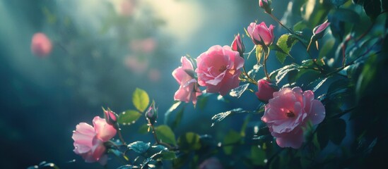 Aufkleber - Pink Rosa Indica flowers blooming on their stalks amidst lush green foliage in a serene garden setting with soft sunlight filtering through.