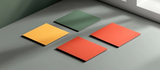 Poster - Business card mockup template featuring solid color designs on a gray background with natural lighting and shadow effects.