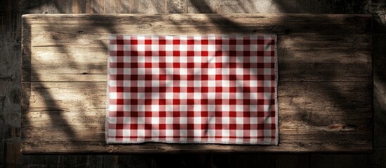 Poster - Checkered tablecloth on rustic wooden table for product display or photomontage in an inviting and warm setting