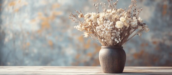 Poster - Stylish arrangement of dried flowers in a rustic vase against a soft textured background showcasing natural beauty and vintage charm.