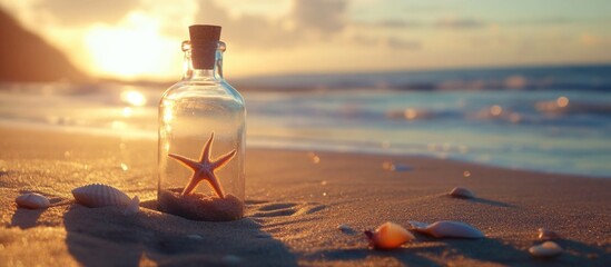Poster - Bottle with starfish resting on sandy beach at sunset creating a serene coastal atmosphere for relaxation and inspiration.