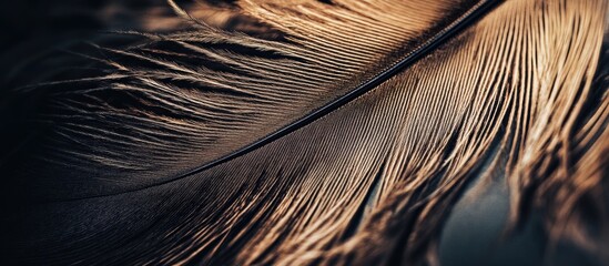 Fototapete - Feather close-up showcasing intricate brown and black line details against a dark background for natural texture and elegance.
