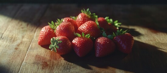 Aufkleber - Freshly harvested strawberries arranged beautifully on a wooden surface illuminated by natural light showcasing their vibrant color and texture.