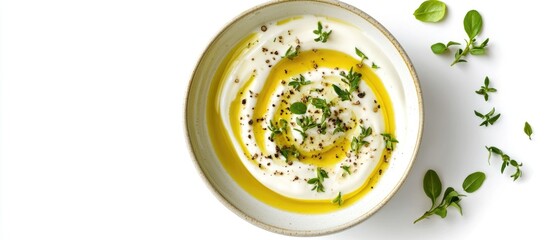 Poster - Bowl of creamy sour cream sauce with fresh herbs and olive oil on a white background top view culinary presentation
