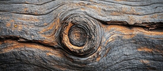 Poster - Textured brown wooden background with a natural circular knot pattern creating a rustic and organic feel for design and decoration purposes.