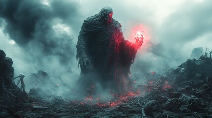 Poster - Decayed bloated demon lord with a glowing necrotic wand stands amidst a barren wasteland filled with skeletal remains and dark swirling mist creating a chilling and grim scene