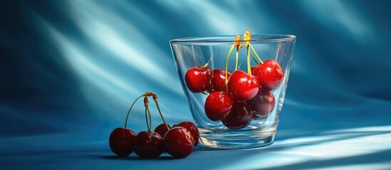 Aufkleber - Fresh red cherries in a glass bowl on a blue background with soft sunlight and shadows creating an inviting summer ambiance.