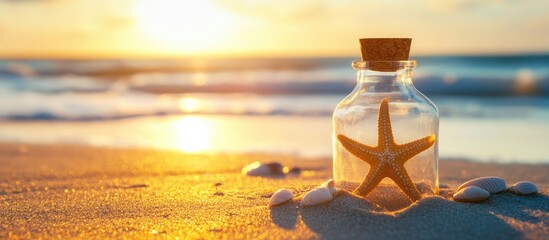 Poster - Bottle with starfish on sandy beach at sunset evoking tranquility and summer vibes in a coastal setting with ocean waves in the background