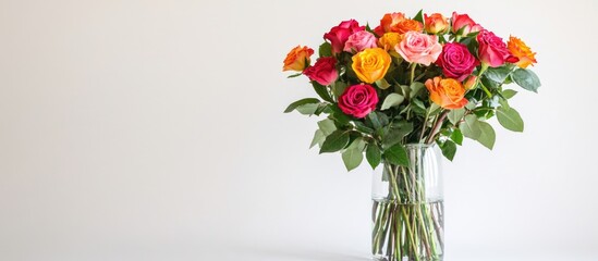 Poster - Colorful bouquet of roses in a clear glass vase brightening a white background symbolizing beauty and freshness in floral arrangements