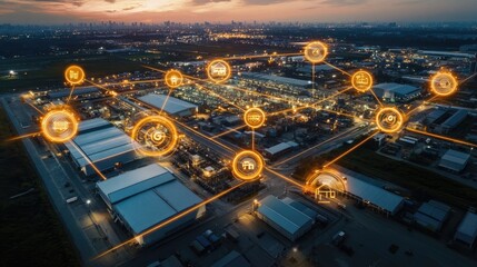 Poster - An aerial view showing a network of sensor nodes in a manufacturing facility, with visual data flows indicating the expansive reach and speed of 5G networks.