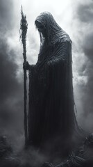 Poster - Decayed demon lord with a necrotic wand stands in a skeletal wasteland surrounded by dark mist The scene is filled with eerie and menacing details emphasizing decay and despair