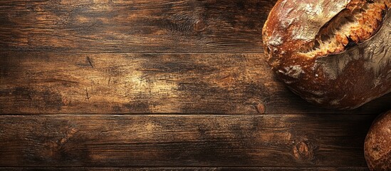 Poster - Freshly baked artisanal bread on a rustic wooden table showcasing texture and detail in a close-up and top view composition.