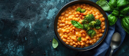 Aufkleber - Bowl of cheesy broccoli casserole with golden crust served with beans on a dark textured background and space for promotional text
