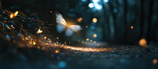 Poster - Enchanting night butterfly illuminating a forest path with soft glow and motion blur creating a magical atmosphere in the serene surroundings