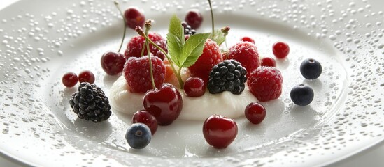 Poster - Fresh cherries and assorted wild berries elegantly arranged on a white dessert plate garnished with mint leaves and a touch of cream.