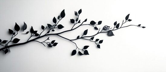 Poster - Silhouette of a tree branch with leaves against a clean white background creating a minimal and elegant design element.