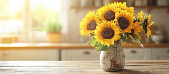 Poster - Vibrant sunflower bouquet in rustic vase brightening a wooden table in a sunlit kitchen setting