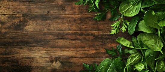 Poster - Fresh spinach and parsley leaves on textured wooden surface with empty space for text Rustic healthy food concept Selective focus