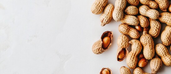 Aufkleber - Natural raw peanuts scattered on a white surface showcasing their earthy texture and organic quality ideal for ecological food concepts.