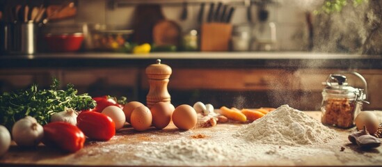 Poster - Delicious cooking ingredients for breadcrumbs preparation on a rustic kitchen countertop with herbs and spices.