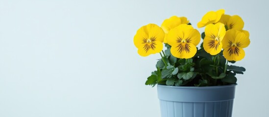 Poster - Vibrant yellow pansy flowers in a blue pot against a soft background ideal for text placement and floral design projects