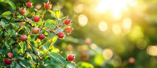 Poster - Vibrant rose hips on bush glowing in sunlight with blurred forest background highlighting nature's beauty and tranquility.