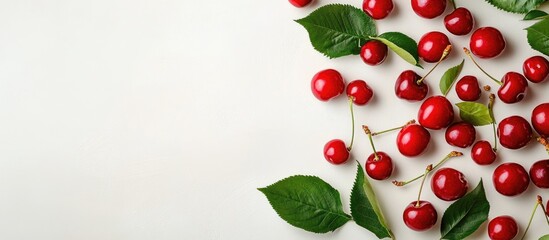 Aufkleber - Fresh red cherries with green leaves displayed on a clean white background, perfect for food-related designs and seasonal promotions.