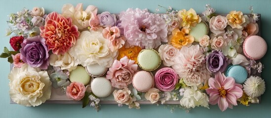 Aufkleber - Floral arrangement with colorful macaroons elegantly displayed on a soft pastel background, ideal for gourmet or celebration themes.