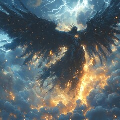 Fototapete - Demonic avian being with huge black wings stands in a tempestuous sky surrounded by swirling clouds and lightning wielding the wind