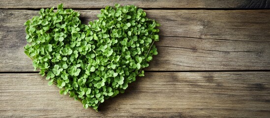Poster - Buckwheat sprouts arranged in a heart shape on rustic wooden background emphasizing love for healthy eating and nature.