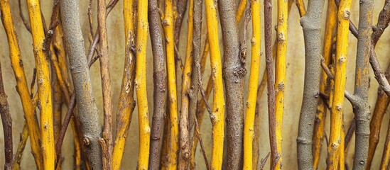 Poster - Background of intertwined dry twigs with a mix of yellow and brown branches showcasing a textured natural backdrop for creative projects