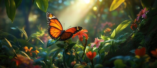Poster - Vibrant butterfly resting on blooming flowers in a lush garden illuminated by soft sunlight.