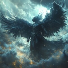 Poster - Demonic avian being with huge black wings stands in a tempestuous sky surrounded by swirling clouds and lightning wielding the wind