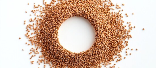 Aufkleber - Buckwheat grain arranged in a circular ring shape on a white background showcasing its texture and natural color top view