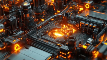 Poster - An industrial machine working on metal parts, with glowing components and a close-up of the precision technology used in high-level metalwork.