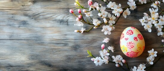 Poster - Cherry blossom artificial flowers and decorated Easter egg on rustic wooden table with ample copy space for seasonal decorations or greetings