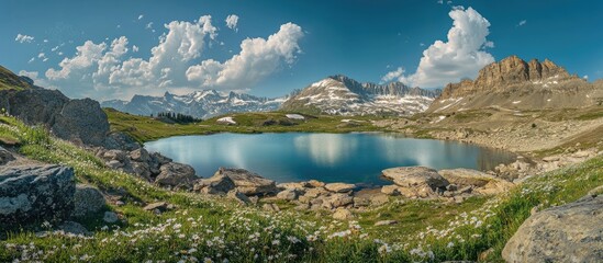 Aufkleber - Chandrataal Lake in Spiti Himachal Pradesh India surrounded by majestic mountains and blooming wildflowers under a clear blue sky