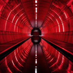 Wall Mural - Futuristic tunnel with red neon lights and symmetrical reflections in a modern design environment
