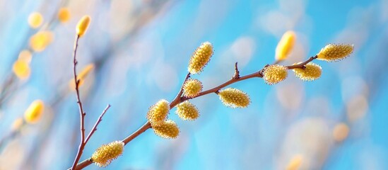 Aufkleber - Aspen tree branches with catkins against a clear blue sky in early spring, showcasing nature's awakening before leaf emergence.