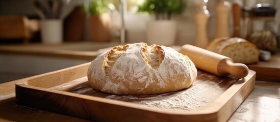 Fototapete - Freshly shaped bread dough on a wooden tray prepared for baking in a warm, rustic kitchen setting with a rolling pin nearby.