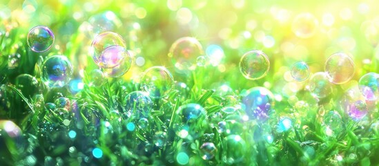 Leinwandbilder - Colorful soap bubbles glistening on vibrant green grass under soft sunlight creating a serene and whimsical natural scene