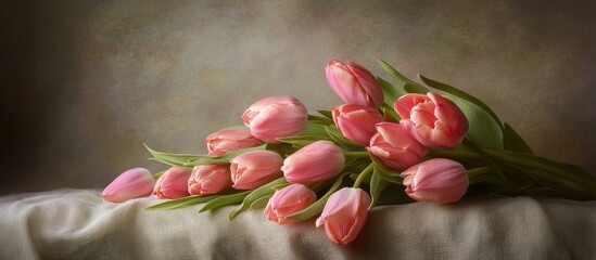 Poster - Elegant bouquet of pink tulips arranged on soft fabric background capturing natural beauty and freshness of spring flowers