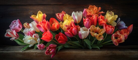 Poster - Colorful tulip bouquet arranged on a rustic wooden background showcasing vibrant spring flowers in full bloom.