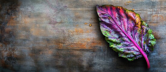 Poster - Vibrant Swiss chard leaf on a rustic wooden background showcasing rich colors and textures ideal for healthy food concepts.