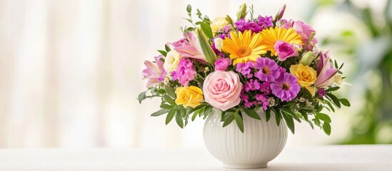 Poster - Vibrant bouquet of assorted flowers in a white vase elegantly displayed in a bright and airy setting